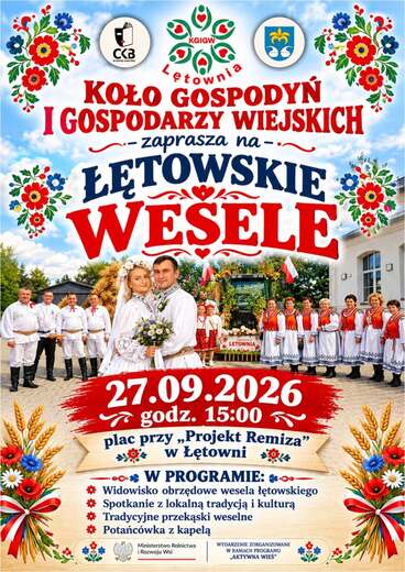 Plakat promocyjny wydarzenia &bdquo;Łętowskie Wesele&rdquo;, kt&oacute;re odbędzie się 27 września 2026 r. o godz. 15:00 na placu przy &bdquo;Projekt Remiza&rdquo; w Łętowni. W programie m.in. widowisko obrzędowe, przekąski weselne oraz potańc&oacute;wka z kapelą.