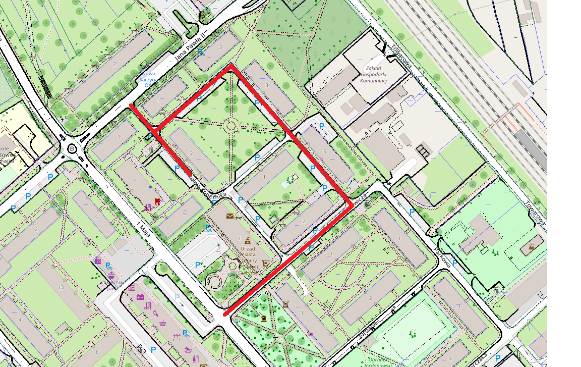Grafika zawiera fragment mapy Nowej Sarzyny z&nbsp;zaznaczonymi fragmentami dr&oacute;g, kt&oacute;re będą przebudowywane, tj. ul. Mickieiwcza, Matejki, Kopernika oraz&nbsp;Pl. 11 Listopada. 