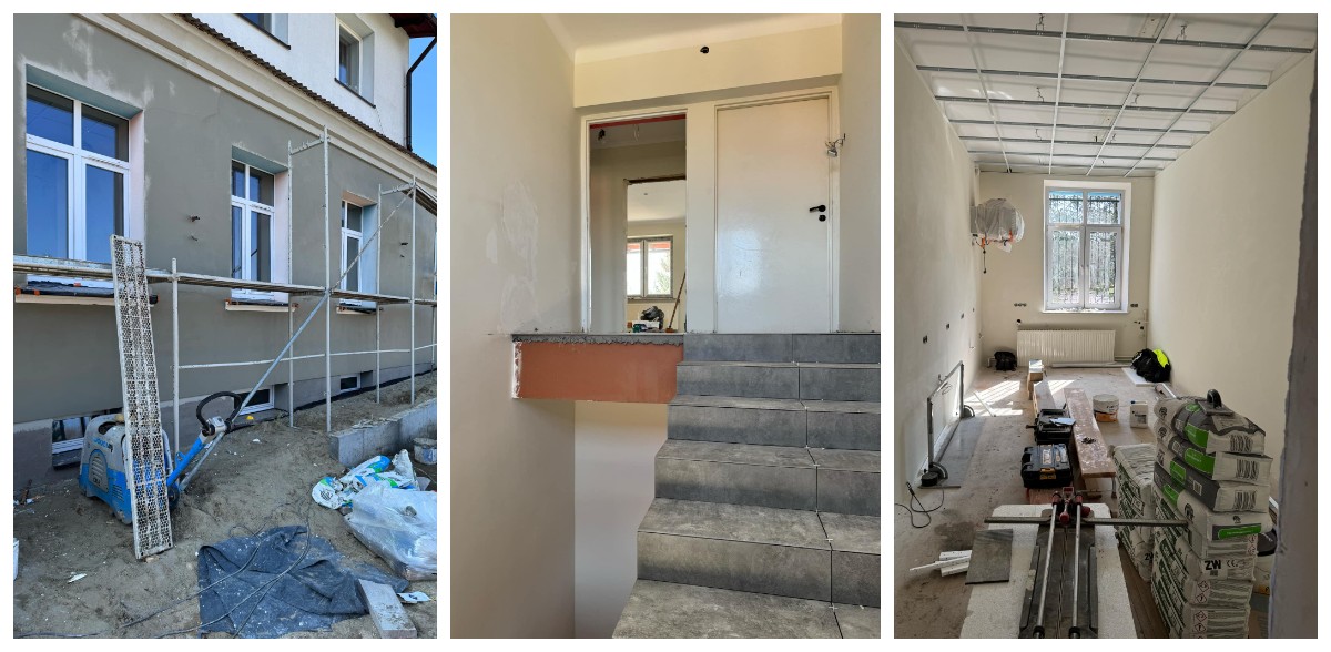 grafika przedstawia kolaż trzech zdjęć z&nbsp;prac remontowych w&nbsp;budynku szkolnym