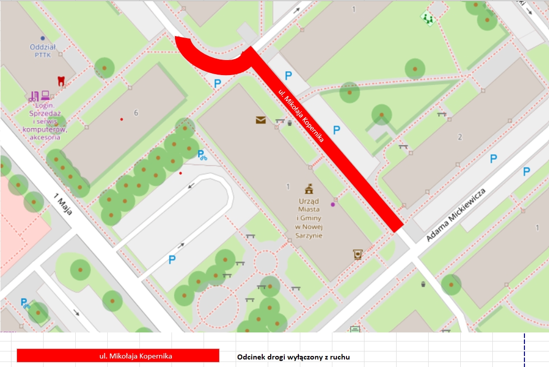 mapa z&nbsp;zaznaczoną ul. kopernika w&nbsp;nowej sarzynie, wyłączoną z&nbsp;ruchu