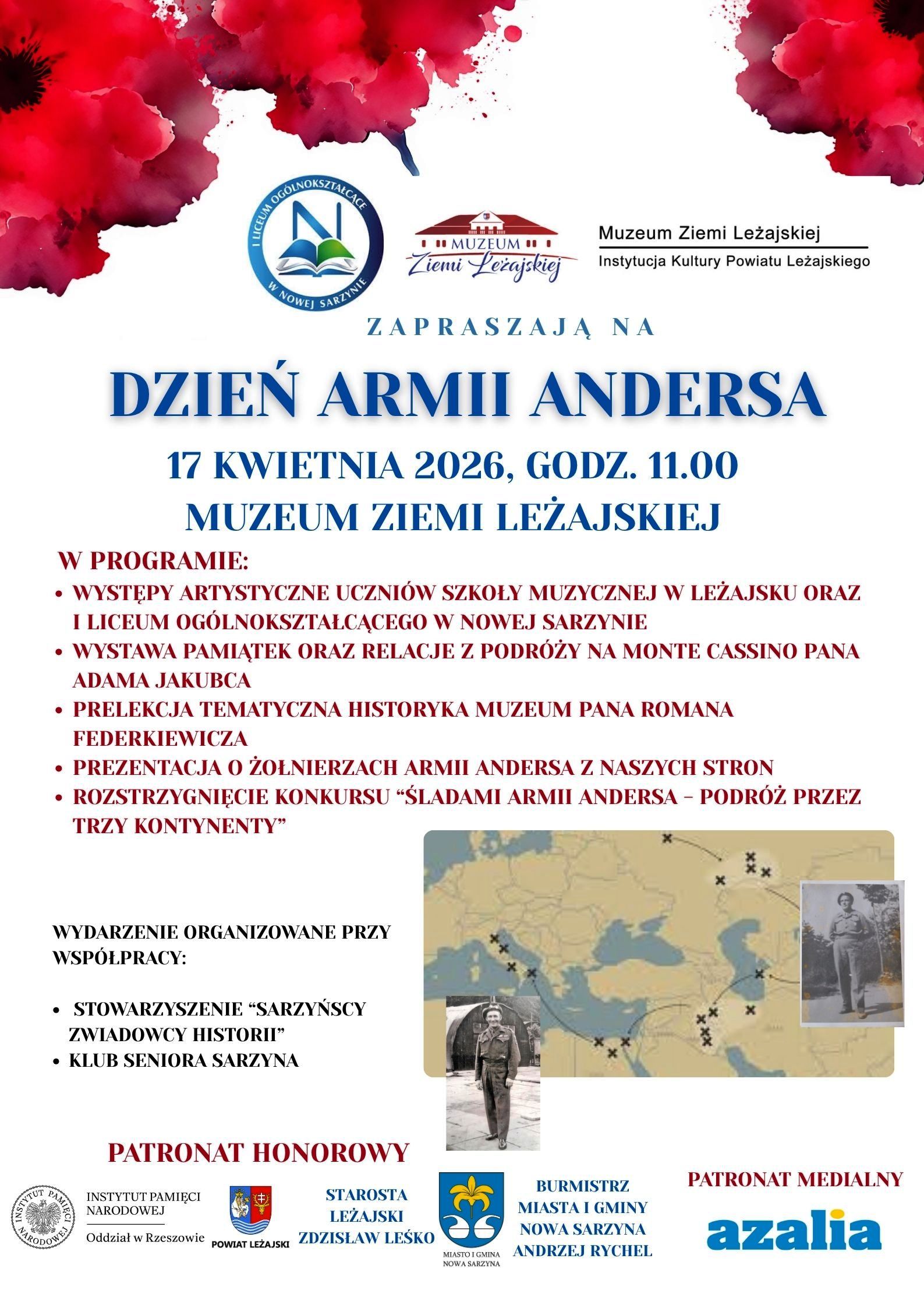 Plakat informujący o&nbsp;wydarzeniu &bdquo;Dzień Armii Andersa&rdquo;, kt&oacute;re odbędzie się 17 kwietnia 2026 r. o&nbsp;godz. 11.00 w&nbsp;Muzeum Ziemi Leżajskiej. W programie m.in. występy artystyczne, wystawa pamiątek, prelekcja historyczna, prezentacja oraz&nbsp;rozstrzygnięcie konkursu. Na dole logotypy organizator&oacute;w i&nbsp;patron&oacute;w.