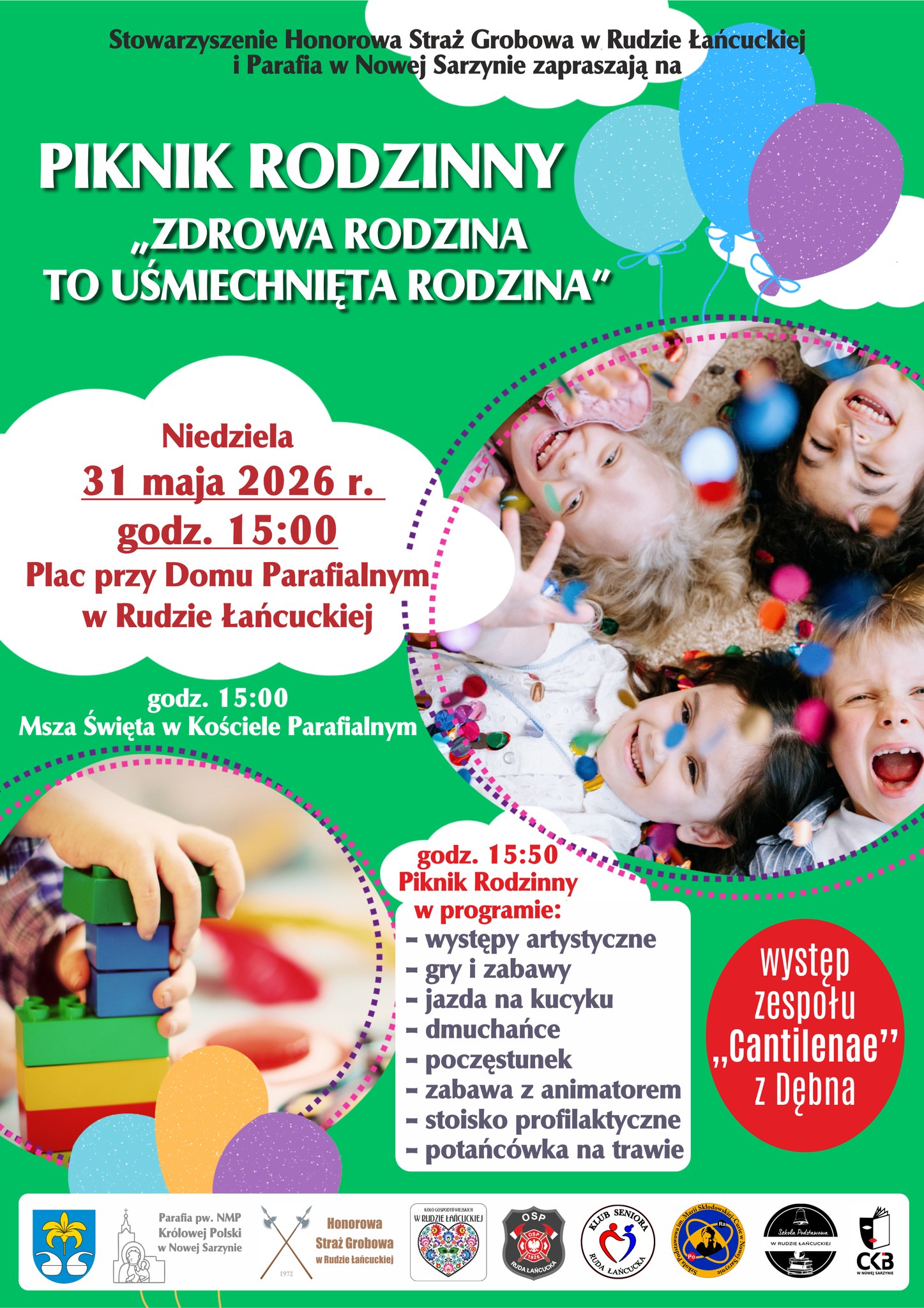 Plakat zapraszający na&nbsp;Piknik Rodzinny pod hasłem &bdquo;Zdrowa rodzina to uśmiechnięta rodzina&rdquo;, kt&oacute;ry odbędzie się w&nbsp;niedzielę, 31 maja 2026 roku od godziny 15:00 w&nbsp;Rudzie Łańcuckiej. W programie msza święta, gry, zabawy, występy artystyczne i&nbsp;potańc&oacute;wka.