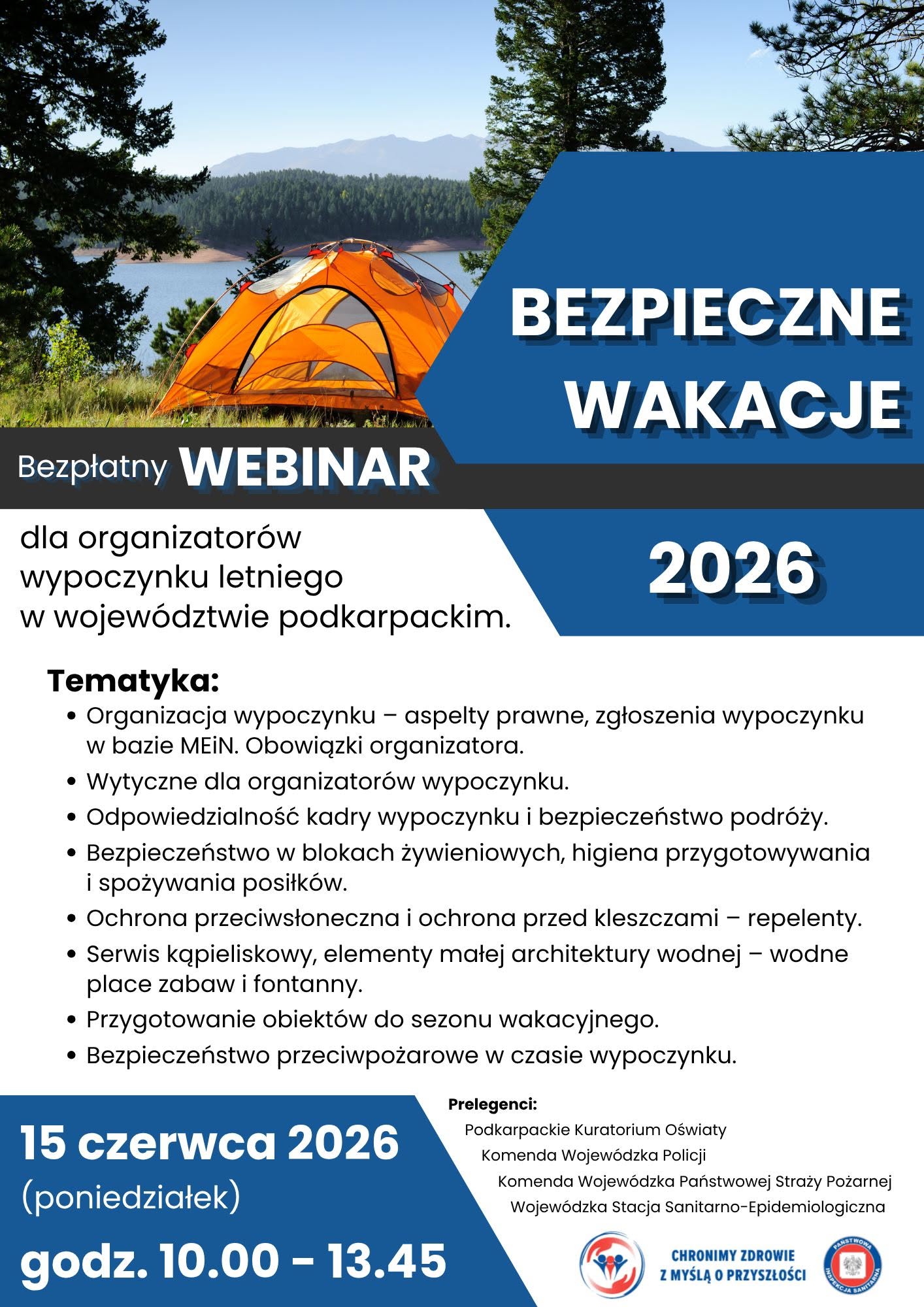 Plakat informacyjny o&nbsp;bezpłatnym webinarze &bdquo;Bezpieczne Wakacje 2026&rdquo; dla organizator&oacute;w wypoczynku letniego w&nbsp;wojew&oacute;dztwie podkarpackim. 15 czerwca 2026 r.