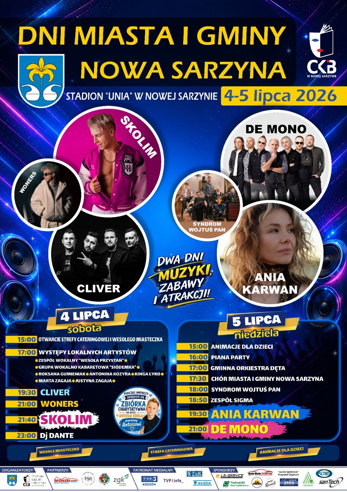 Plakat imprezy &bdquo;Dni Miasta i&nbsp;Gminy Nowa Sarzyna&rdquo;, kt&oacute;ra odbędzie się w&nbsp;dniach 4&ndash;5 lipca 2026 roku na&nbsp;stadionie &bdquo;Unia&rdquo; w&nbsp;Nowej Sarzynie. Na niebieskim, dynamicznym tle z&nbsp;motywem głośnik&oacute;w i&nbsp;świateł umieszczono zdjęcia artyst&oacute;w (Skolim, De Mono, Ania Karwan, Cliver, Woners, Syndrom Wojtuś Pan) oraz&nbsp;szczeg&oacute;łowy harmonogram koncert&oacute;w i&nbsp;atrakcji na&nbsp;sobotę i&nbsp;niedzielę.