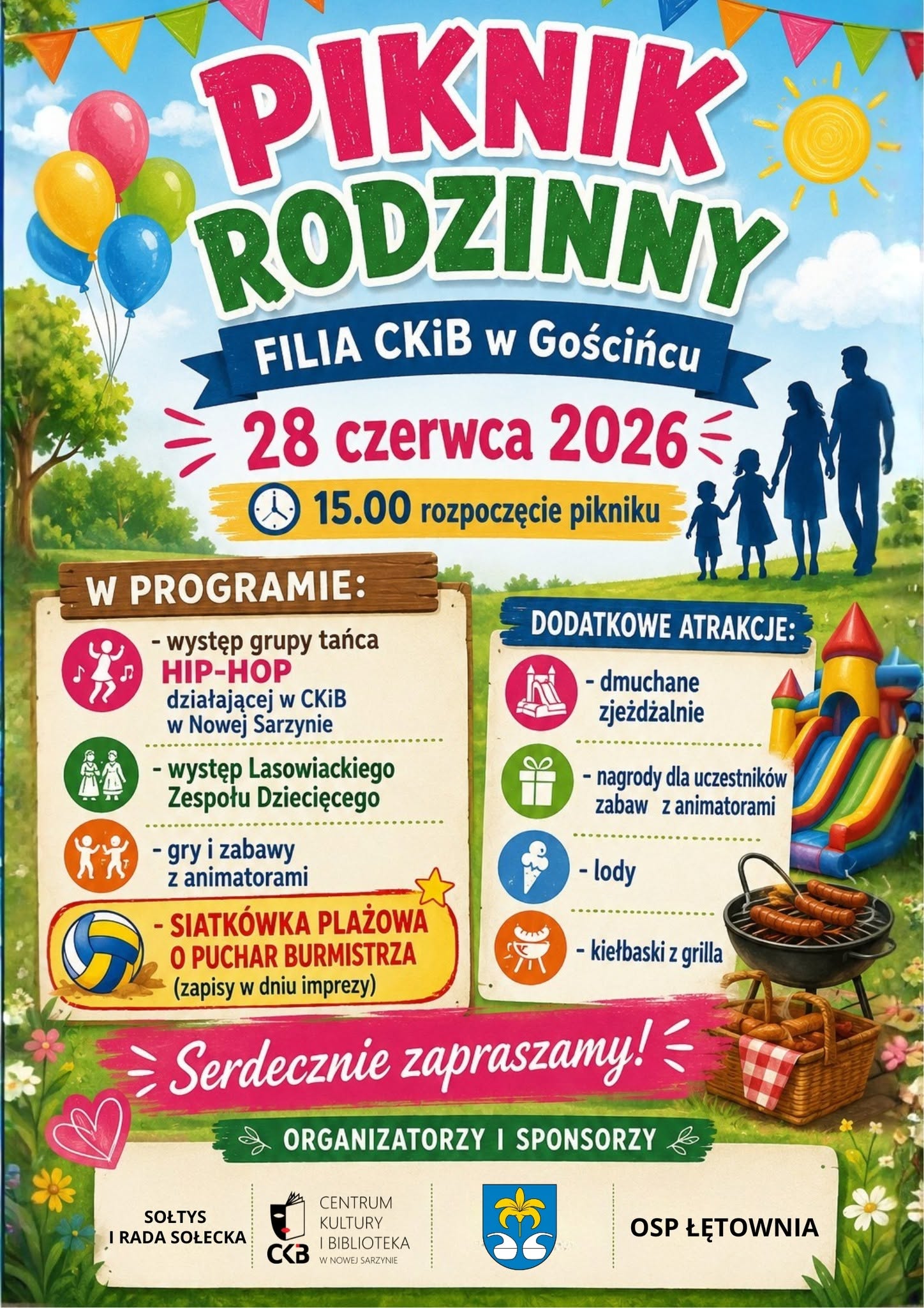 Kolorowy plakat zapraszający na&nbsp;Piknik Rodzinny w&nbsp;filii CKiB w&nbsp;Gościńcu, kt&oacute;ry odbędzie się 28 czerwca 2026 roku od godziny 15:00. Na plakacie widoczne są atrakcje, takie jak występy taneczne, gry z&nbsp;animatorami, turniej siatk&oacute;wki plażowej, dmuchańce oraz&nbsp;grill.