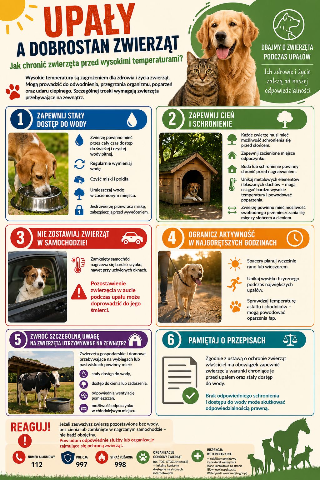 Infografika zatytułowana &bdquo;Upały a&nbsp;dobrostan zwierząt. Jak chronić zwierzęta przed wysokimi temperaturami?&rdquo;. Materiał ma charakter edukacyjno-informacyjny, podzielony jest na&nbsp;nagł&oacute;wek, 6 gł&oacute;wnych porad ponumerowanych od 1 do 6 oraz&nbsp;dolną sekcję apelującą o&nbsp;reagowanie. Dominują kolory: biały, zielony, niebieski, czerwony i&nbsp;pomarańczowy. W prawym g&oacute;rnym rogu znajduje się zdjęcie uśmiechniętego psa rasy golden retriever i&nbsp;siedzącego obok kota, a&nbsp;obok nich napis: &bdquo;Dbajmy o&nbsp;zwierzęta podczas upał&oacute;w. Ich zdrowie i&nbsp;życie zależą od naszej odpowiedzialności&rdquo;. Pod tytułem widnieje informacja, że&nbsp;wysokie temperatury grożą odwodnieniem, przegrzaniem, poparzeniami i&nbsp;udarem, a&nbsp;szczeg&oacute;lnej troski wymagają zwierzęta na&nbsp;zewnątrz.