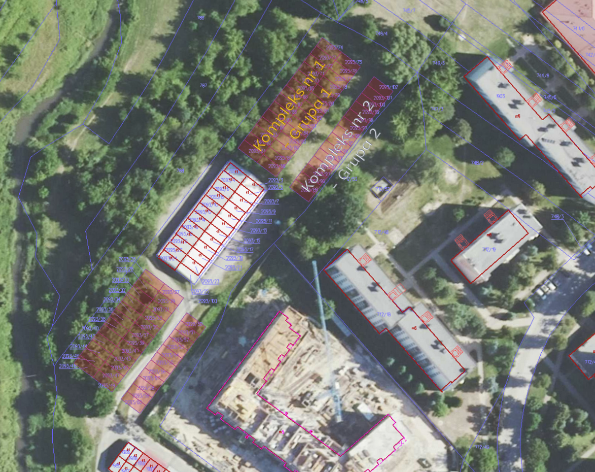 mapa z&nbsp;zaznaczoną lokalizacją przyszłych garaży