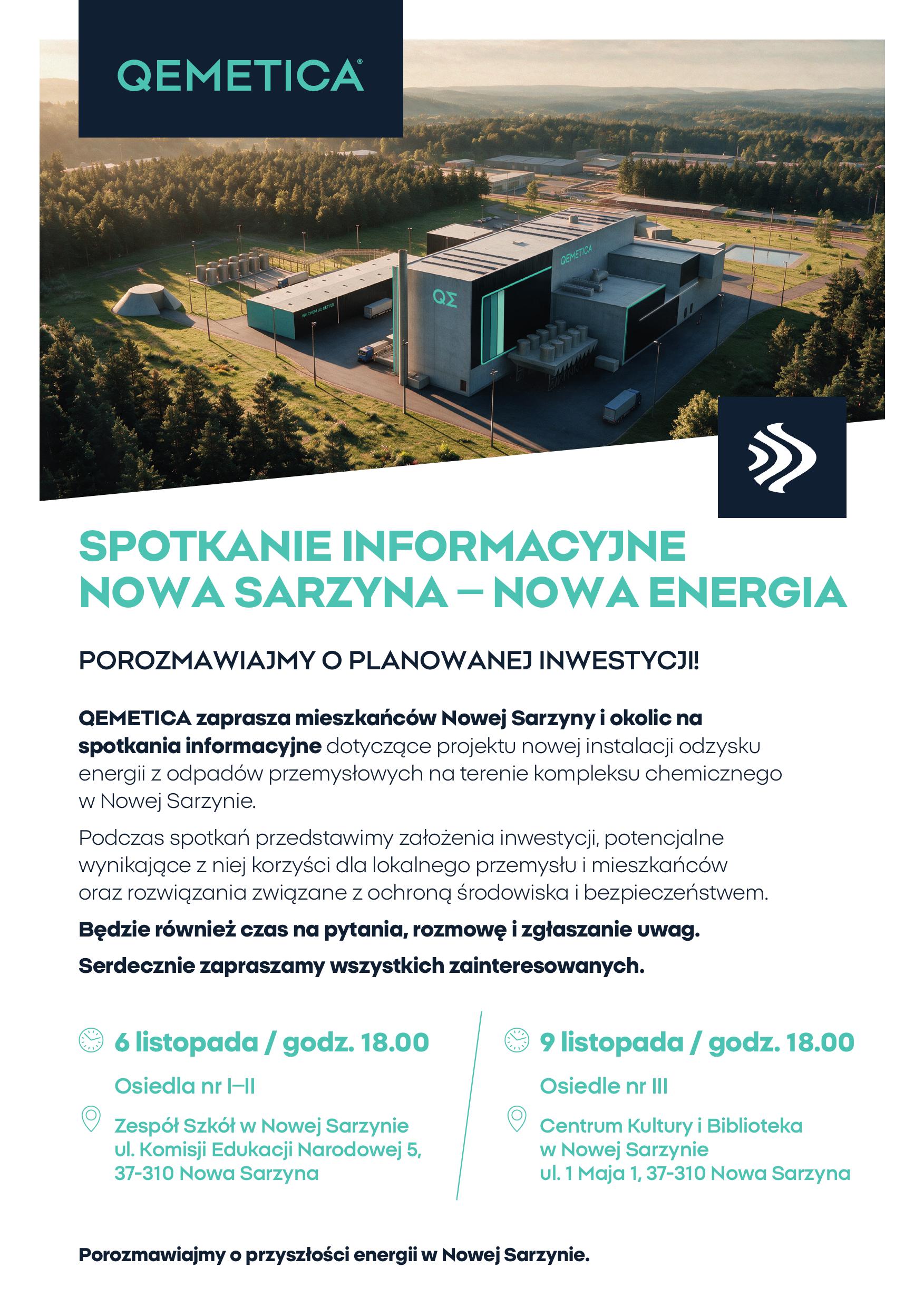 Plakat informacyjny firmy Qemetica dotyczący spotkań na&nbsp;temat nowej inwestycji w&nbsp;Nowej Sarzynie, zawierający daty spotkań (6 i&nbsp;9 listopada) oraz&nbsp;lokalizacje.