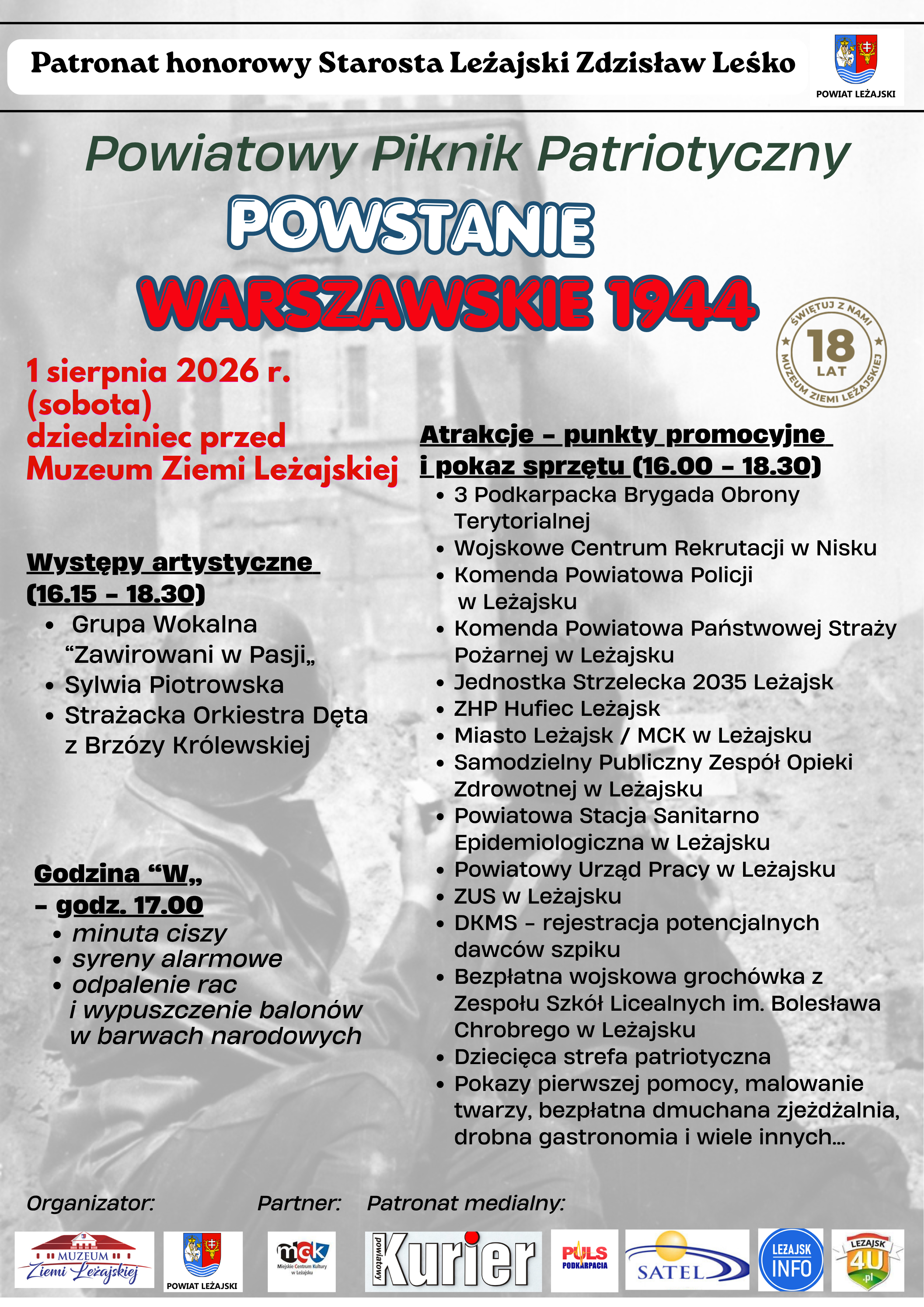 Plakat wydarzenia &bdquo;Powiatowy Piknik Patriotyczny &ndash; Powstanie Warszawskie 1944&rdquo;, kt&oacute;ry odbędzie się 1 sierpnia 2026 r. od godz. 16:00 na&nbsp;dziedzińcu Muzeum Ziemi Leżajskiej. W programie: występy artystyczne, Godzina &bdquo;W&rdquo; o&nbsp;17:00 oraz&nbsp;atrakcje, pokazy sprzętu i&nbsp;stoiska promocyjne służb oraz&nbsp;instytucji.