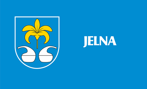 grafika przedstawia herb miasta i gminy nowa sarzyna oraz biały napis Jelna