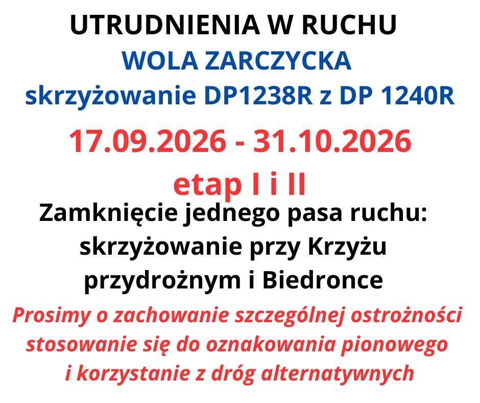 Informacja o utrudnieniach na drodze Wola Zarzycka - Smycze