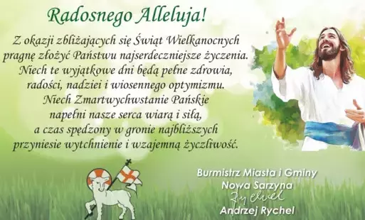 Grafika przedstawia kartkę z życzeniami wielkanocnymi w języku polskim. Na górze widnieje napis 'Radosnego Alleluja!' stylizowaną czcionką. Poniżej znajduje się tekst życzeń:  'Z okazji zbliżających się Świąt Wielkanocnych pragnę złożyć Państwu najserdecz