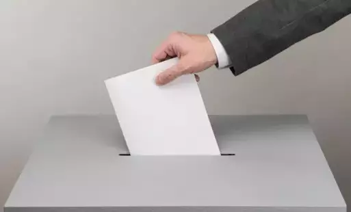 Na prezentowanej grafice widzimy zbliżenie na rękę mężczyzny w ciemnej marynarce i białej koszuli, która wkłada białą, niezapisaną kartkę do podłużnego otworu w szarej urnie wyborczej. Urna jest prostokątna i prosta w formie. Tło jest jednolite, jasnoszar