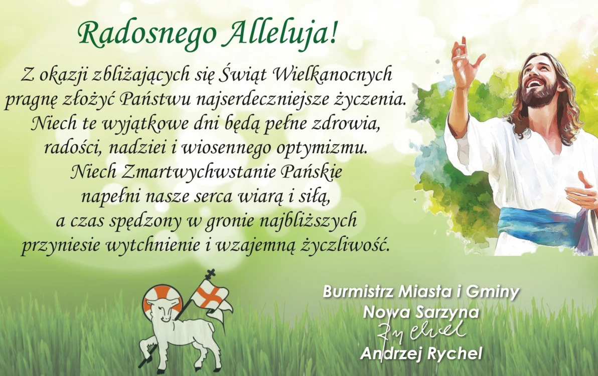 Grafika przedstawia kartkę z życzeniami wielkanocnymi w języku polskim. Na górze widnieje napis 'Radosnego Alleluja!' stylizowaną czcionką. Poniżej znajduje się tekst życzeń:  'Z okazji zbliżających się Świąt Wielkanocnych pragnę złożyć Państwu najserdecz