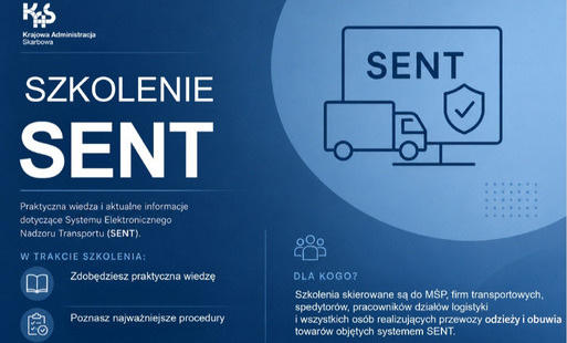 Plakat informacyjny Krajowej Administracji Skarbowej dotyczący szkolenia z systemu SENT. Zawiera szczegóły o szkoleniu stacjonarnym w Rzeszowie (28.05.2026 r.) oraz szkoleniu online (02.06.2026 r.). Grafika w odcieniach niebieskiego z białymi napisami, lo