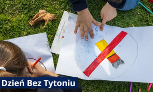 grafika dekoracyjna przedstawiająca dzieci wykonywujące plakaty antynikotynbowe i napis Dzień bez tyttoniu