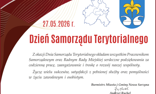 Grafika okolicznościowa z okazji Dnia Samorządu Terytorialnego, datowana na 27 maja 2026 roku. Zawiera życzenia i podziękowania dla pracowników samorządowych oraz radnych od Burmistrza Miasta i Gminy Nowa Sarzyna, Andrzeja Rychla. Na grafice widnieje herb