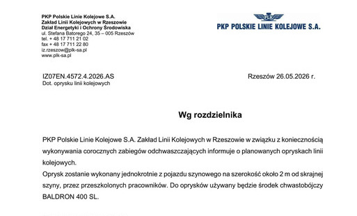 Dokument sporządzony na papierze firmowym PKP Polskie Linie Kolejowe S.A., Zakład Linii Kolejowych w Rzeszowie, Dział Energetyki i Ochrony Środowiska (ul. Stefana Batorego 24, 35-005 Rzeszów).  Sygnatura pisma: IZ07EN.4572.4.2026.AS  Data i miejsce wystaw
