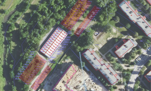 mapa z zaznaczoną lokalizacją przyszłych garaży