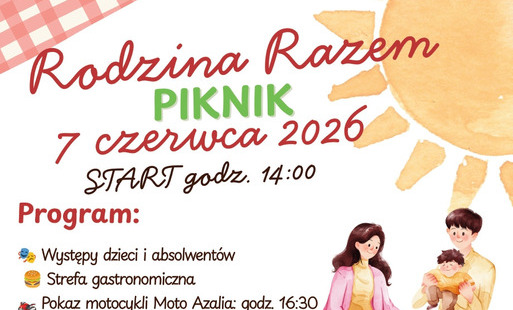 Kolorowy, ilustrowany plakat zapraszający na piknik rodzinny pod hasłem „Rodzina Razem”, który odbędzie się 7 czerwca 2026 roku od godziny 14:00 na placu rekreacyjnym przy Przedszkolu Samorządowym „Źródełko” w Woli Zarczyckiej. Na plakacie znajduje się sz