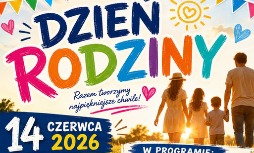Plakat informujący o imprezie „Dzień Rodziny w Jelnej”, która odbędzie się 14 czerwca 2026 roku od godziny 16:00. Na kolorowym plenerowym tle widoczne są sylwetki rodziny, spis atrakcji programu oraz zapowiedź zabawy tanecznej z DJ-em od godziny 19:00.