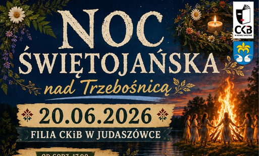Plakat cyfrowy w pionowym formacie, utrzymany w klimacie rustykalnym, słowiańskim i magicznym. Tło grafiki przedstawia nastrojową, wieczorną scenerię nad wodą. W prawym górnym rogu widoczna jest grupa kobiet w białych sukniach tańczących w kręgu wokół pło