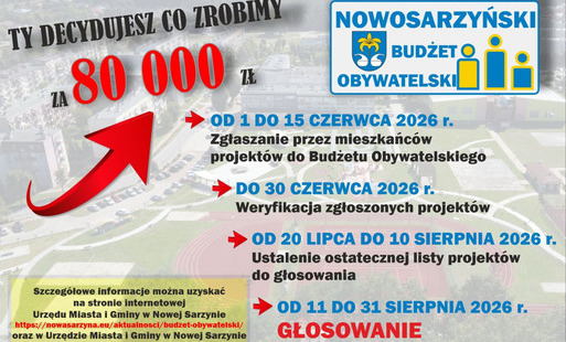 Plakat informacyjny dotyczący Nowosarzyńskiego Budżetu Obywatelskiego na rok 2026.  W lewym górnym rogu widnieje hasło: „Ty decydujesz co zrobimy za 80 000 zł”, obok którego znajduje się duża czerwona strzała skierowana w górę. W prawym górnym rogu umiesz