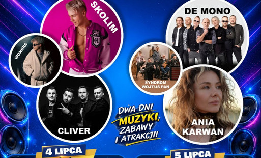 Plakat imprezy „Dni Miasta i Gminy Nowa Sarzyna”, która odbędzie się w dniach 4–5 lipca 2026 roku na stadionie „Unia” w Nowej Sarzynie. Na niebieskim, dynamicznym tle z motywem głośników i świateł umieszczono zdjęcia artystów (Skolim, De Mono, Ania Karwan