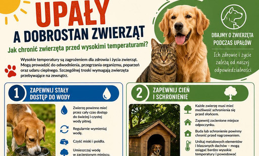 Infografika zatytułowana „Upały a dobrostan zwierząt. Jak chronić zwierzęta przed wysokimi temperaturami?”. Materiał ma charakter edukacyjno-informacyjny, podzielony jest na nagłówek, 6 głównych porad ponumerowanych od 1 do 6 oraz dolną sekcję apelującą o