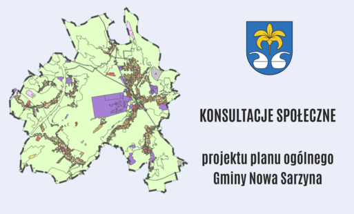 mapka gminy z napisem kosu;tacje społeczne projektu planu ogólnego gminy nowa sarzyna, u góry herb gminy