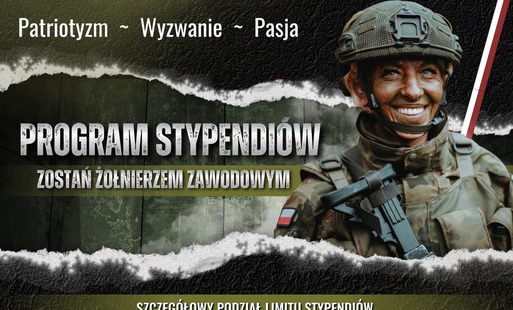 Plakat rekrutacyjny Centralnego Wojskowego Centrum Rekrutacji z uśmiechniętą żołnierką. Nagłówek: „PROGRAM STYPENDIÓW – ZOSTAŃ ŻOŁNIERZEM ZAWODOWYM (edycja 2026/2027)”. Grafika zawiera tabelę z limitami miejsc na poszczególnych kierunkach studiów.