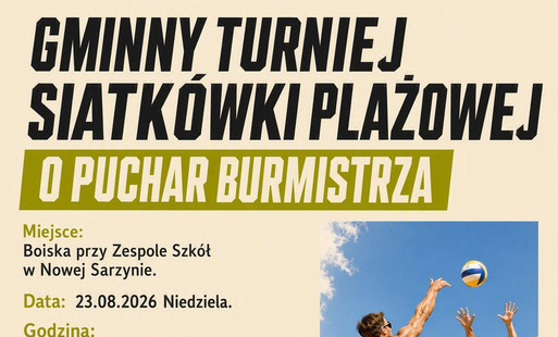 Plakat promocyjny wydarzenia sportowego na jasnokremowym tle z zielonymi i czarnymi akcentami. Po prawej stronie znajduje się pionowe zdjęcie przedstawiające dwóch siatkarzy na piaszczystym boisku do siatkówki plażowej. Jeden z nich, w żółtym koszulkowym 