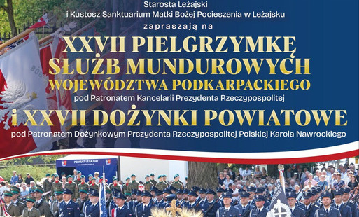 Plakat informujący o XXVII Pielgrzymce Służb Mundurowych Województwa Podkarpackiego i XXVII Dożynkach Powiatowych w Leżajsku, 8 września 2026 roku. W tle widać parno-uroczysty przemarsz służb mundurowych oraz tradycyjne wieńce dożynkowe. Poniżej znajduje 