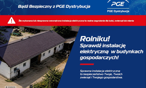 Plakat edukacyjny PGE Dystrybucja z hasłem „Rolniku! Sprawdź instalację elektryczną w budynkach gospodarczych!”. Informuje o zagrożeniach związanych z niesprawną instalacją i przypomina o konieczności kontroli co 5 lat.