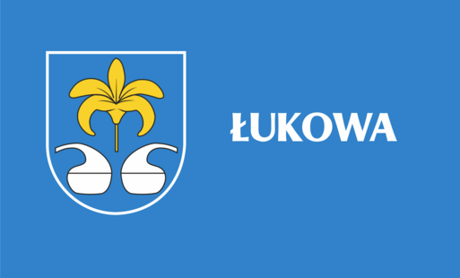 grafika przedstawia herb miasta i gminy nowa sarzyna oraz biały napis Łukowa