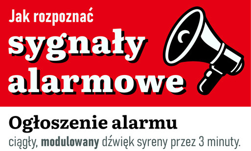 Infografika Ministerstwa Spraw Wewnętrznych i Administracji wyjaśniająca zasady rozpoznawania sygnałów alarmowych: ogłoszenia alarmu (dźwięk modulowany) oraz odwołania alarmu (dźwięk jednostajny).