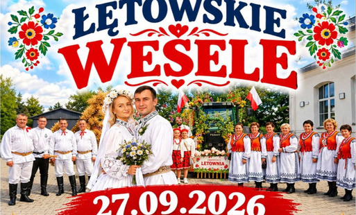 Plakat promocyjny wydarzenia „Łętowskie Wesele”, które odbędzie się 27 września 2026 r. o godz. 15:00 na placu przy „Projekt Remiza” w Łętowni. W programie m.in. widowisko obrzędowe, przekąski weselne oraz potańcówka z kapelą.