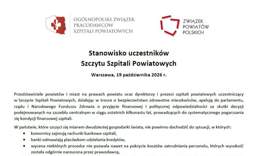 Dokument tekstowy zawierający oficjalne stanowisko uczestników Szczytu Szpitali Powiatowych z 19 października 2026 roku, opatrzone logotypami organizatorów oraz podpisami.