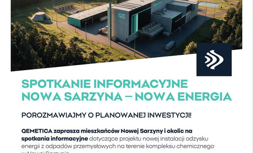 Plakat informacyjny firmy Qemetica dotyczący spotkań na temat nowej inwestycji w Nowej Sarzynie, zawierający daty spotkań (6 i 9 listopada) oraz lokalizacje.