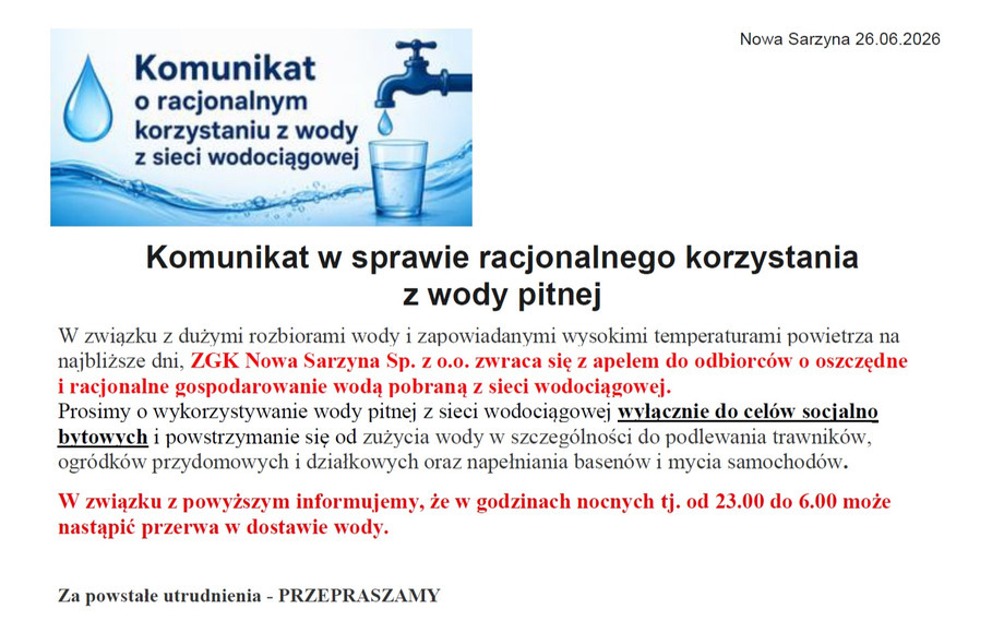 Komunikat ZGK sp. z o.o. ws. racjonalnego korzystania z wody pitnej