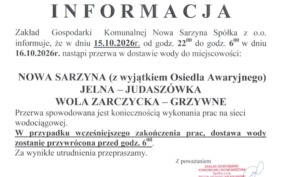 Przerwa w dostawie wody w Nowej Sarzynie i Judaszówce