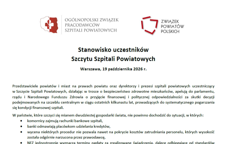 Uczestnicy Szczytu Szpitali Powiatowych przyjęli wspólne stanowisko